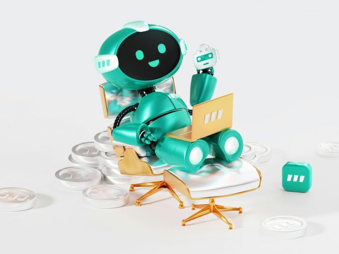 Smiling teal robot mascot with a laptop and small robot figure, seated in a chair with coins around it, symbolizing AI technology and productivity.