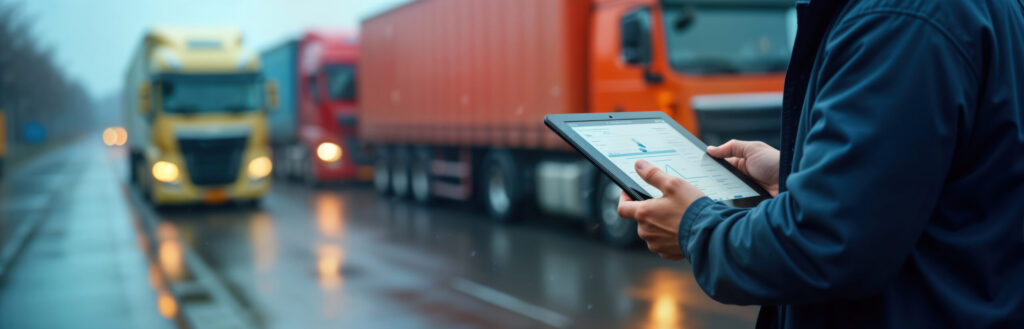 Fleet manager using a tablet to monitor truck logistics and vehicle data in real time, with semi-trucks on a wet highway in the background. Digital fleet management technology for commercial trucking operations.