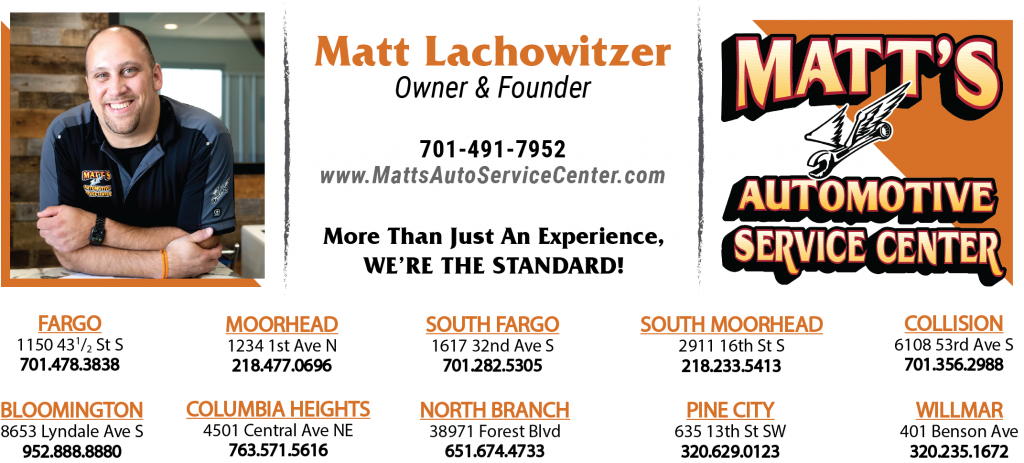 “Promotional graphic for Matt’s Automotive Service Center featuring owner and founder Matt Lachowitzer, business contact details, company logo, and a list of service center locations across Minnesota and North Dakota.